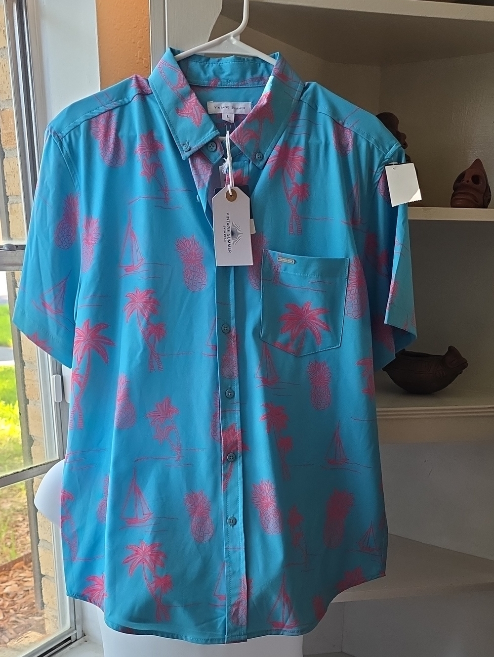 Resort-Print Button-Down Shirt in Turquoise with Pink Motif